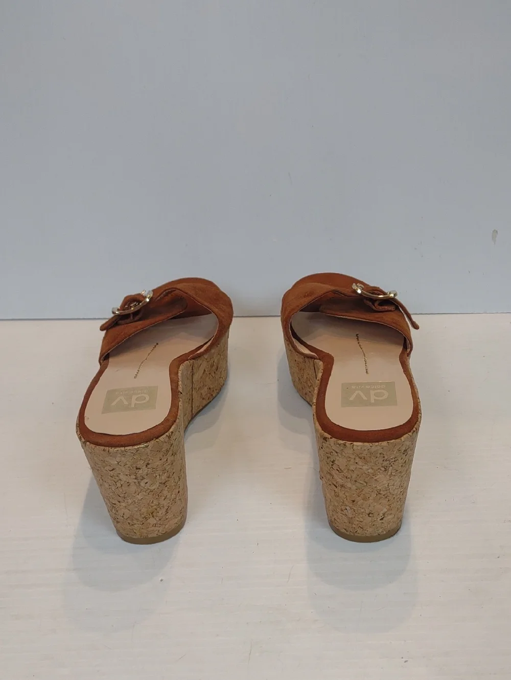 Dolce Vita Hazelwood Brown Suede Cork Wedge Slide with Gold-Tone Buckle Detail